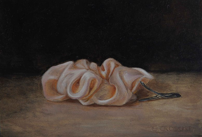 Botanische kunst, botanical art, Sophie Crossart. Still life with chrunchie and hair clip. Oil on panel, oliverfschilderij. 