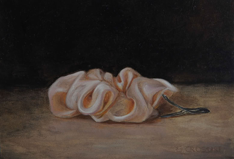 Botanische kunst, botanical art, Sophie Crossart. Still life with chrunchie and hair clip. Oil on panel, oliverfschilderij. 