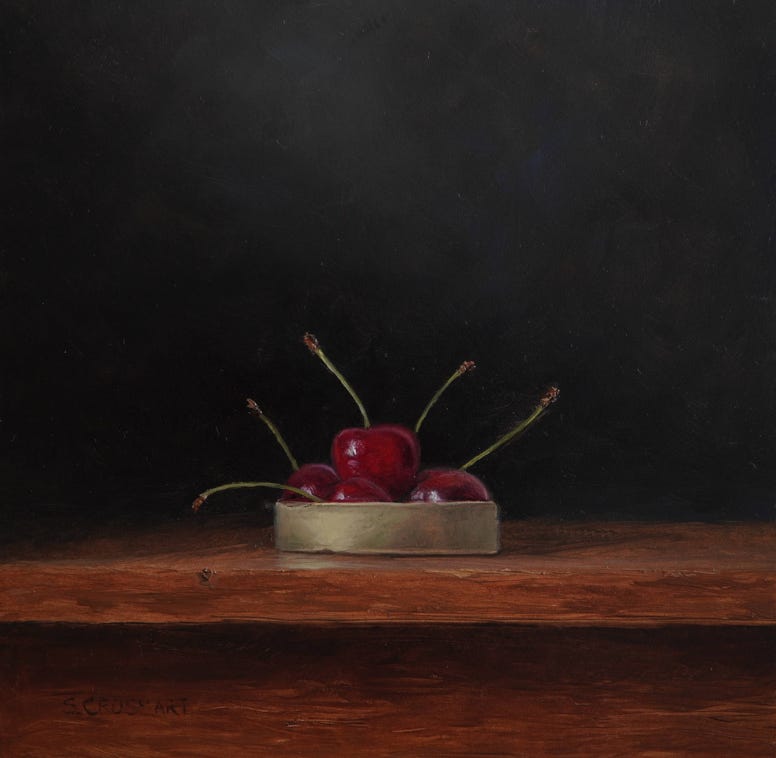 Botanische kunst, botanical art, Sophie Crossart. Cherries, Oil painting, olieverfschilderij. 